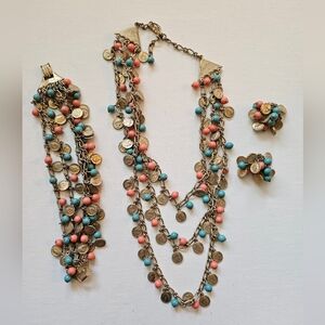 Vintage Gold Tone Coin Cha Cha Clip On Earrings, Bracelet And Necklace Set